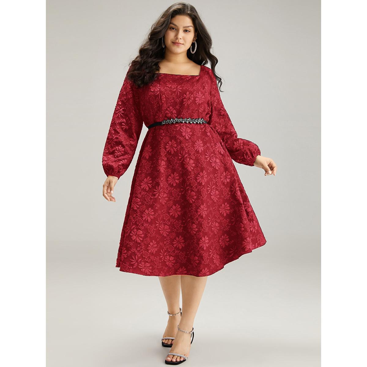 Plus Size Floral Print Plisse Pocket Lantern Sleeve Dress Raspberry Women Cocktail Elastic cuffs Square Neck Long Sleeve Curvy Midi Dress BloomChic 18-20/2X Product Image