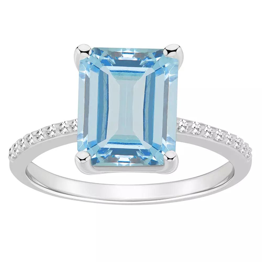 Alyson Layne Sterling Silver 10 mm x 8 mm Emerald Cut Gemstone & 1/10 Carat T.W. Diamond Ring, Women's, Blue Topaz Product Image