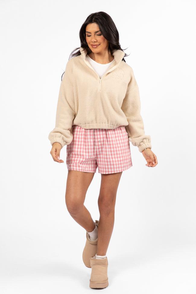 After Hours Mon Cheri Beige Embroidered Fleece Pullover FINAL SALE Product Image