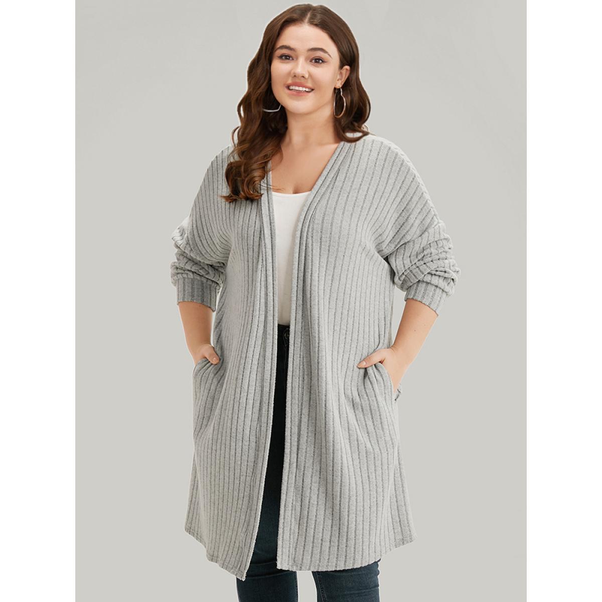 Plus Size Plain Pocket Texture Open Front Kimono Women Gray Casual Texture Pocket Dailywear Kimonos BloomChic 14-16/1X Product Image