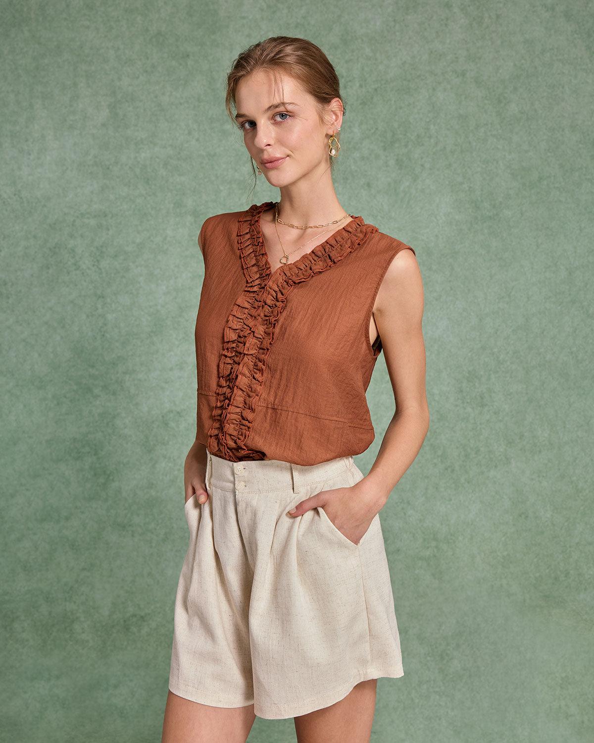 Brown V Neck Ruffle Tank Top Product Image