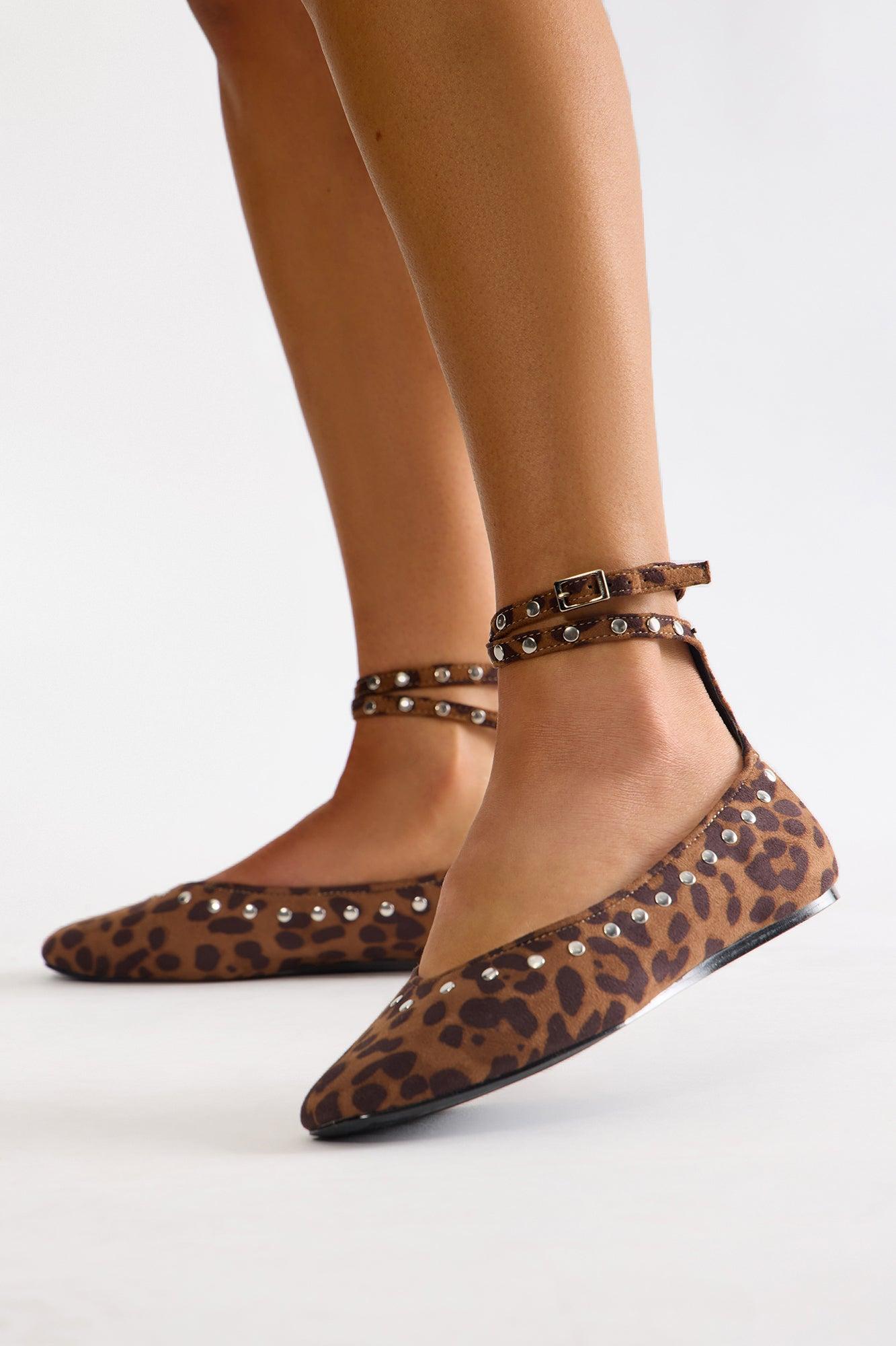 Sheri Studded Ankle Strap Flats - Leopard Product Image