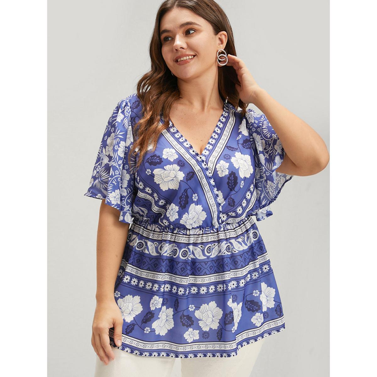 Plus Size Blue Bandana Ruffles Elastic Waist Wrap Blouse Women Vacation Short sleeve V-neck Dailywear Blouses BloomChic 10/M Product Image