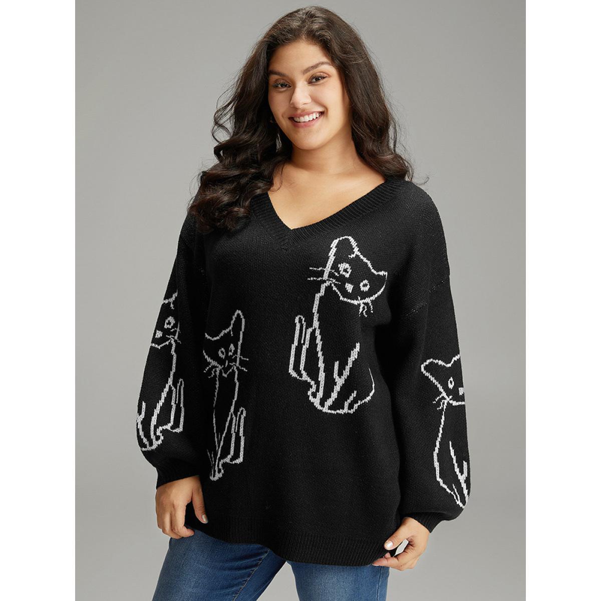 Plus Size Supersoft Essentials Cat Print V Neck Pullover Black Women Casual Long Sleeve V-neck Dailywear Pullovers BloomChic 26/4X Product Image