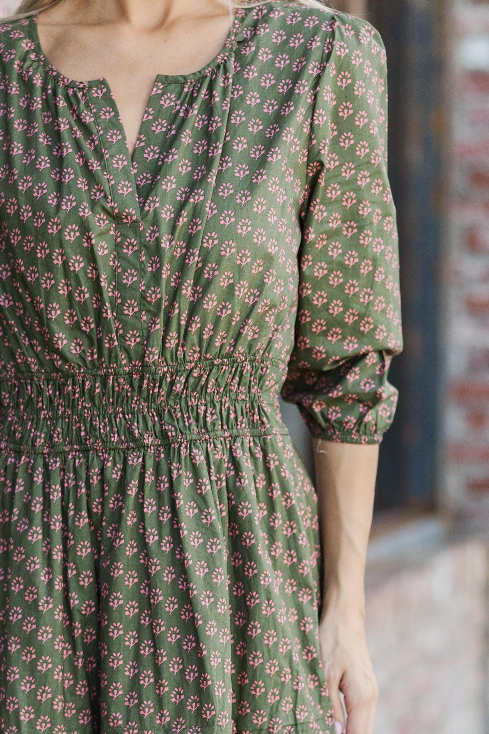 It's In The Air Olive Green Floral 3/4 Sleeve Midi Dress Female Product Image