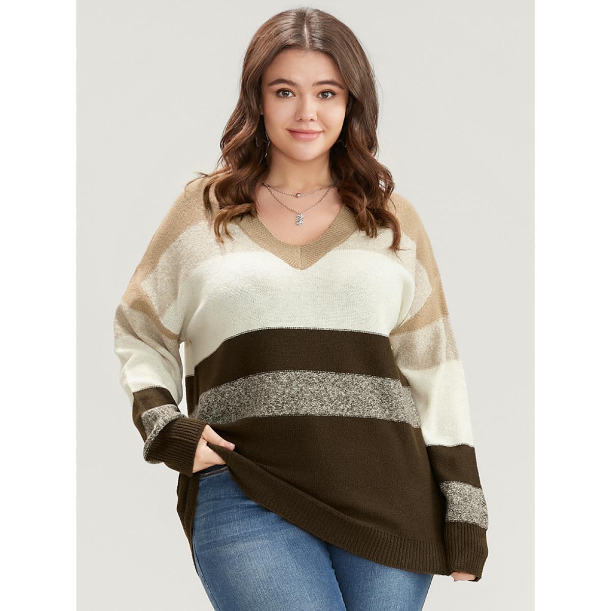 Plus Size Colorblock Contrast Soft Sexy Yarn Knit Fluffy Knit Top Brown Women Casual Loose Long Sleeve V-neck Dailywear Pullovers BloomChic 10/M Product Image