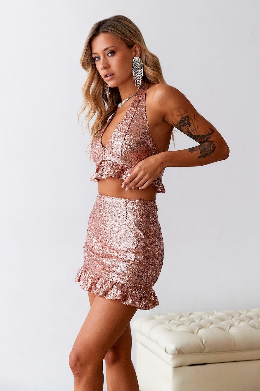 HELLO MOLLY Sweet Siren Sequin Crop Top Rose Gold Product Image