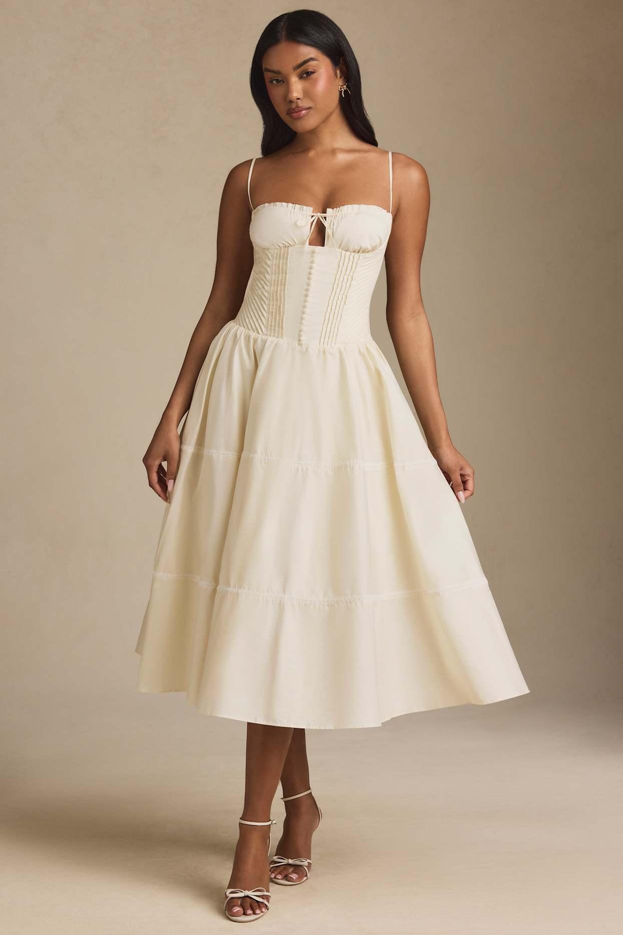 Lace-Trim Pintucked Poplin Midaxi Dress in Ivory Product Image