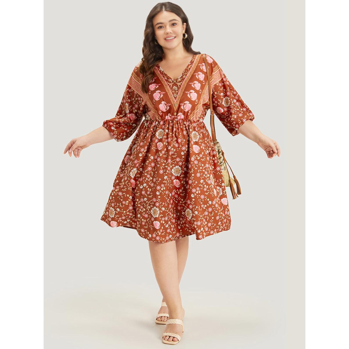 Plus Size Floral Print Elastic Cuffs Button Detail Dress Rust Women Vacation Elastic cuffs V-neck Half Sleeve Curvy Midi Dress BloomChic 30/6X Product Image