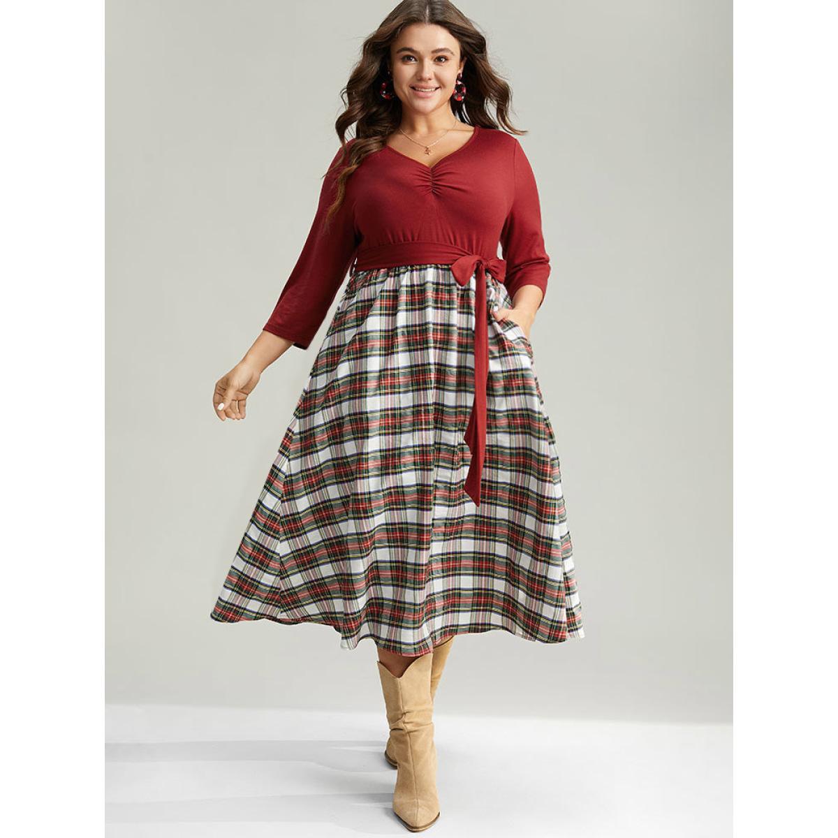 Plus Size Christmas Plaid Patchwork Ruched Belted Dress Red Women Work From Home Gathered V-neck Elbow-length sleeve Curvy Midi Dress BloomChic 12/L Product Image