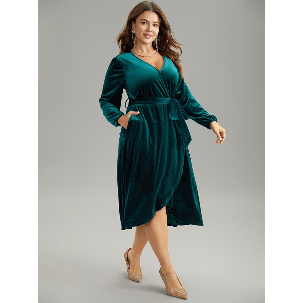 Plus Size Solid Velvet Belted Wrap Arc Hem Dress Cyan Women Timeless Elastic cuffs Overlap Collar Long Sleeve Curvy Midi Dress BloomChic 26/4X Product Image