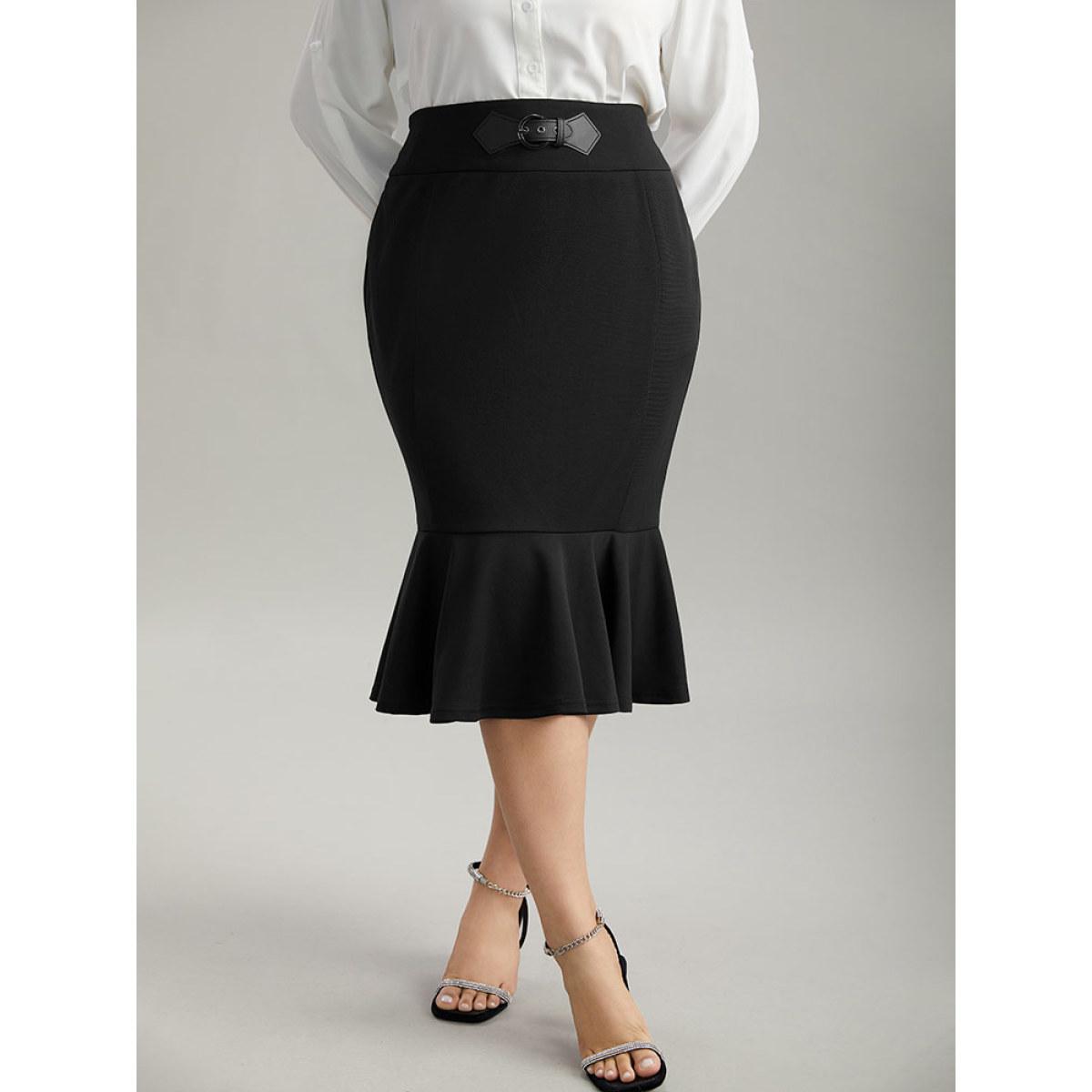 Plus Size Plain Ruffles Buckle Detail Mermaid Hem Skirt Women Black Office Style accents Bodycon Medium stretch Work Skirts BloomChic 26/4X Product Image