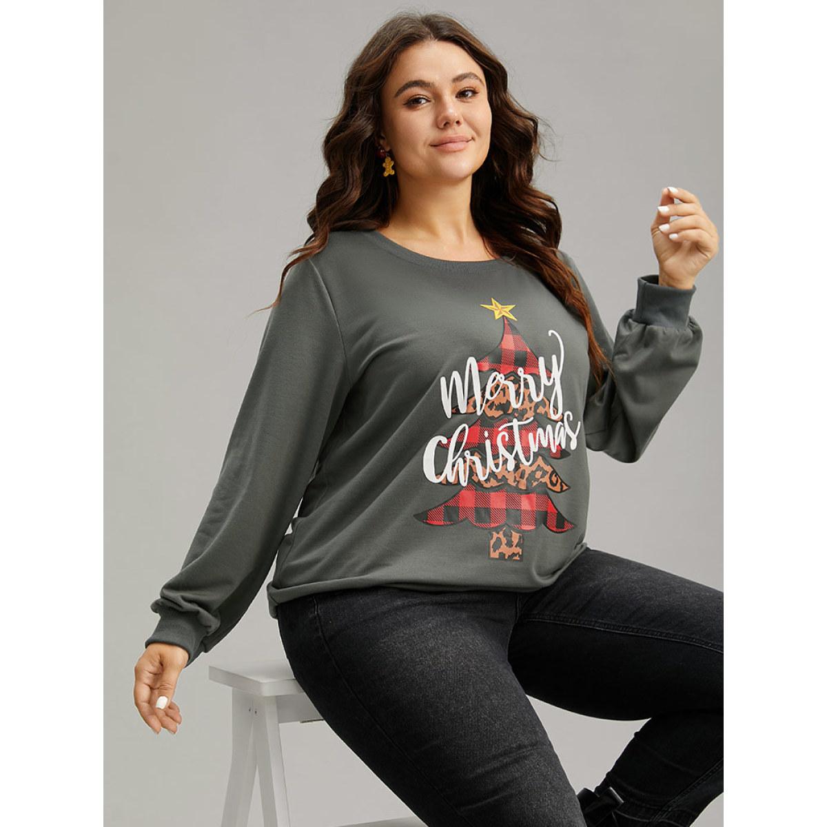 Plus Size Christmas Trees Round Neck Rib Knit Sweatshirt Women Gray Casual Rib Knit Festival-Christmas Sweatshirts BloomChic 14-16/1X Product Image
