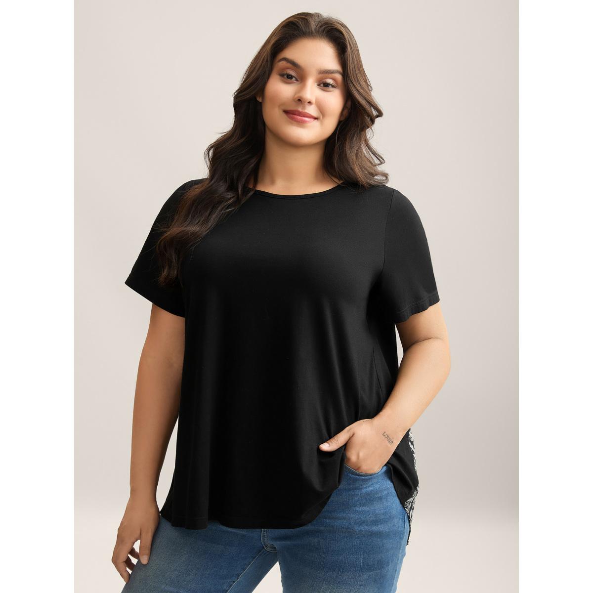 Plus Size Paisley Print Crew Neck Spliced T-Shirt Black Women Leisure Contrast Round Neck Casual T-shirts BloomChic 14-16/1X Product Image