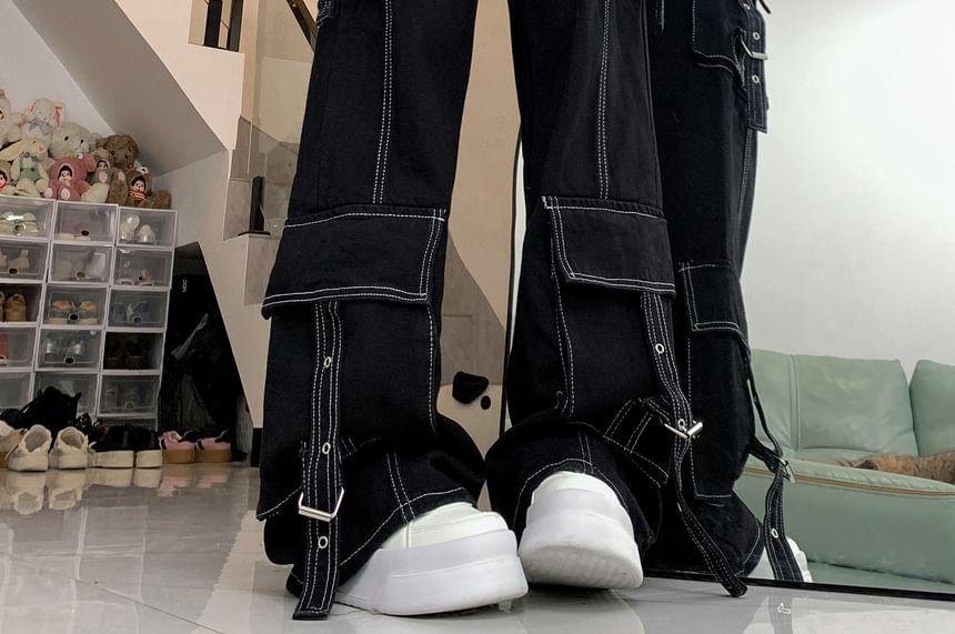 High Rise Contrast Stitching Buckled Loose Fit Cargo Jeans Product Image