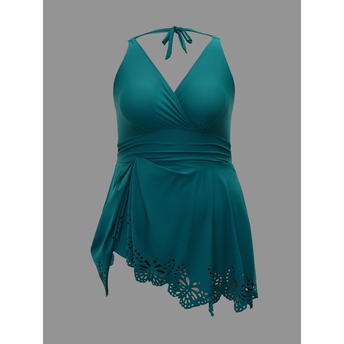 Plus Size Laser Cut Overlap Collar Waist-Cinched Swim Dress Women's Swimwear Cyan Beach Bodycon Overlap Collar High stretch Curve Swim Dresses BloomChic 10/M Product Image