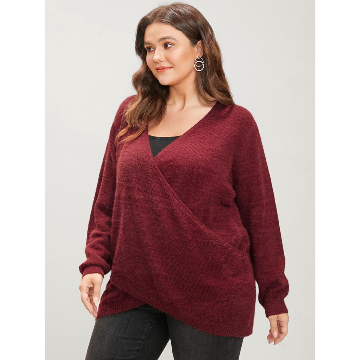 Plus Size Solid Soft Plush Knit Crossover Hem Knit Top Scarlet Women Elegant Loose Long Sleeve Overlap Collar Dailywear Pullovers BloomChic 12/L Product Image
