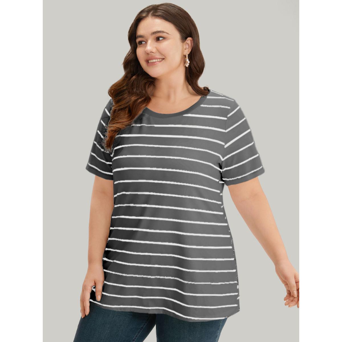 Plus Size Striped Print Round Neck T-shirt Gray Women Casual Contrast Striped Round Neck Dailywear T-shirts BloomChic 10/M Product Image