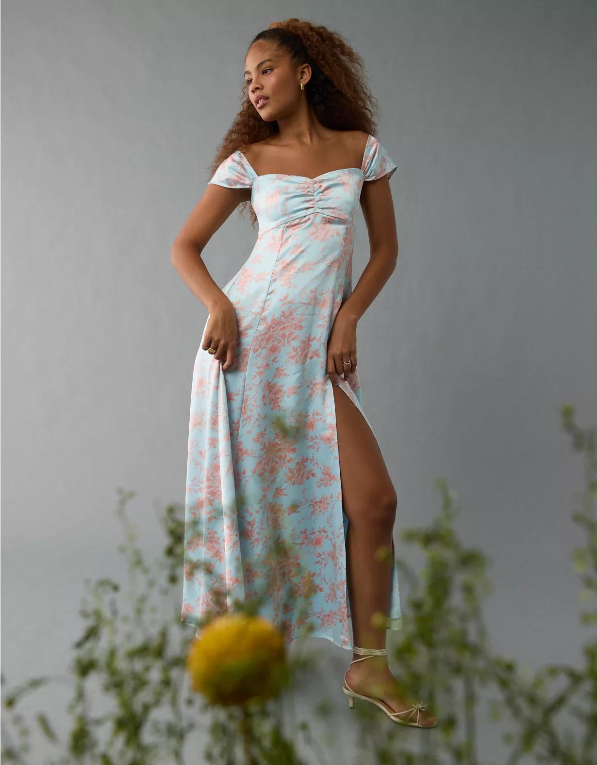 AE Satin Sweetheart Off-The-Shoulder Maxi Dress Product Image