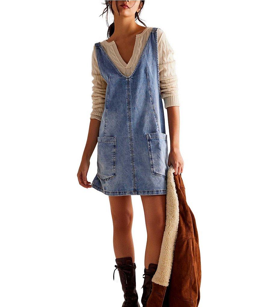 Free People We The Free High Roller Denim Scoop Neck Sleeveless Overall Dress Product Image