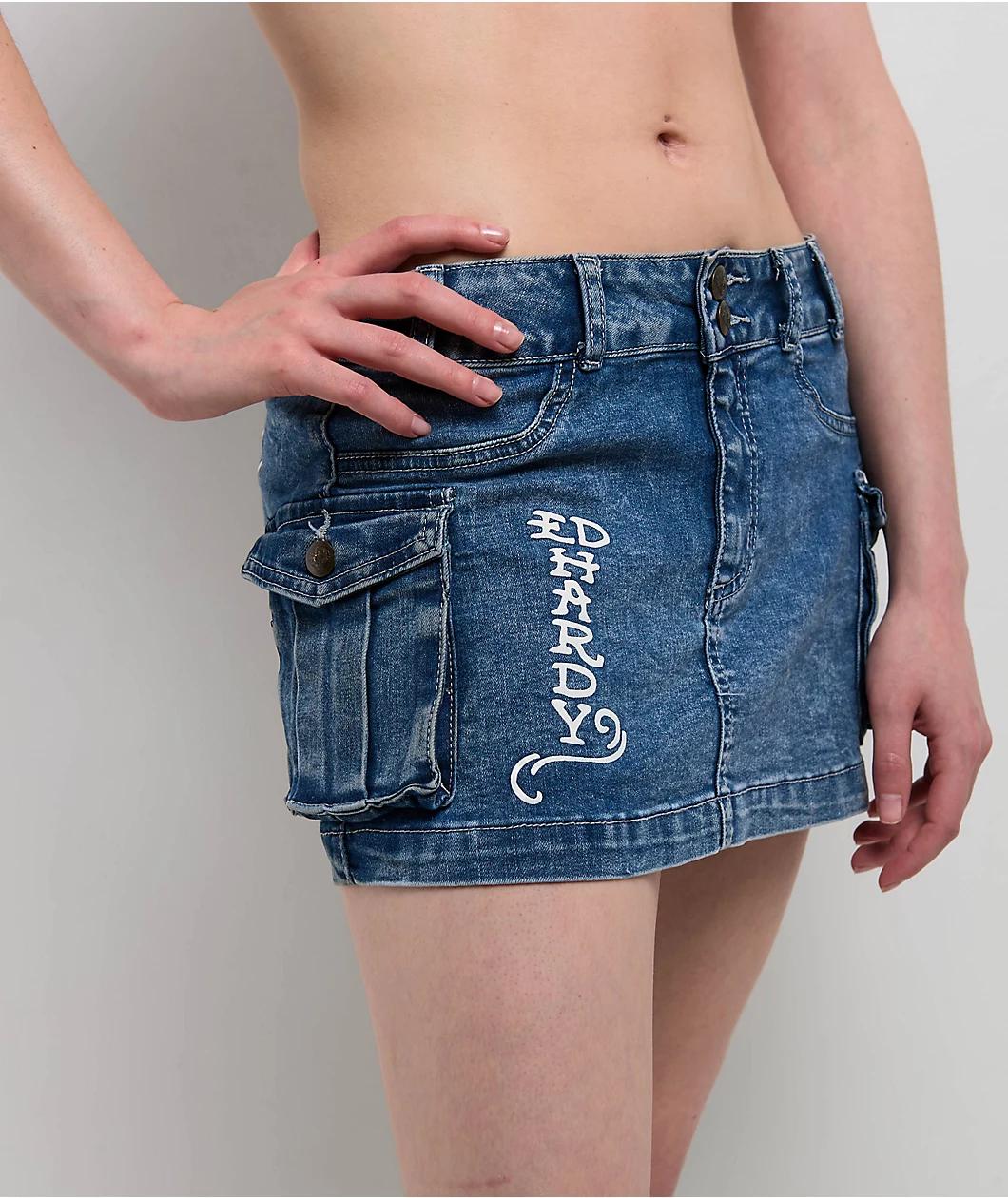 Ed Hardy Heart Dagger Light Wash Denim Cargo Mini Skirt Product Image