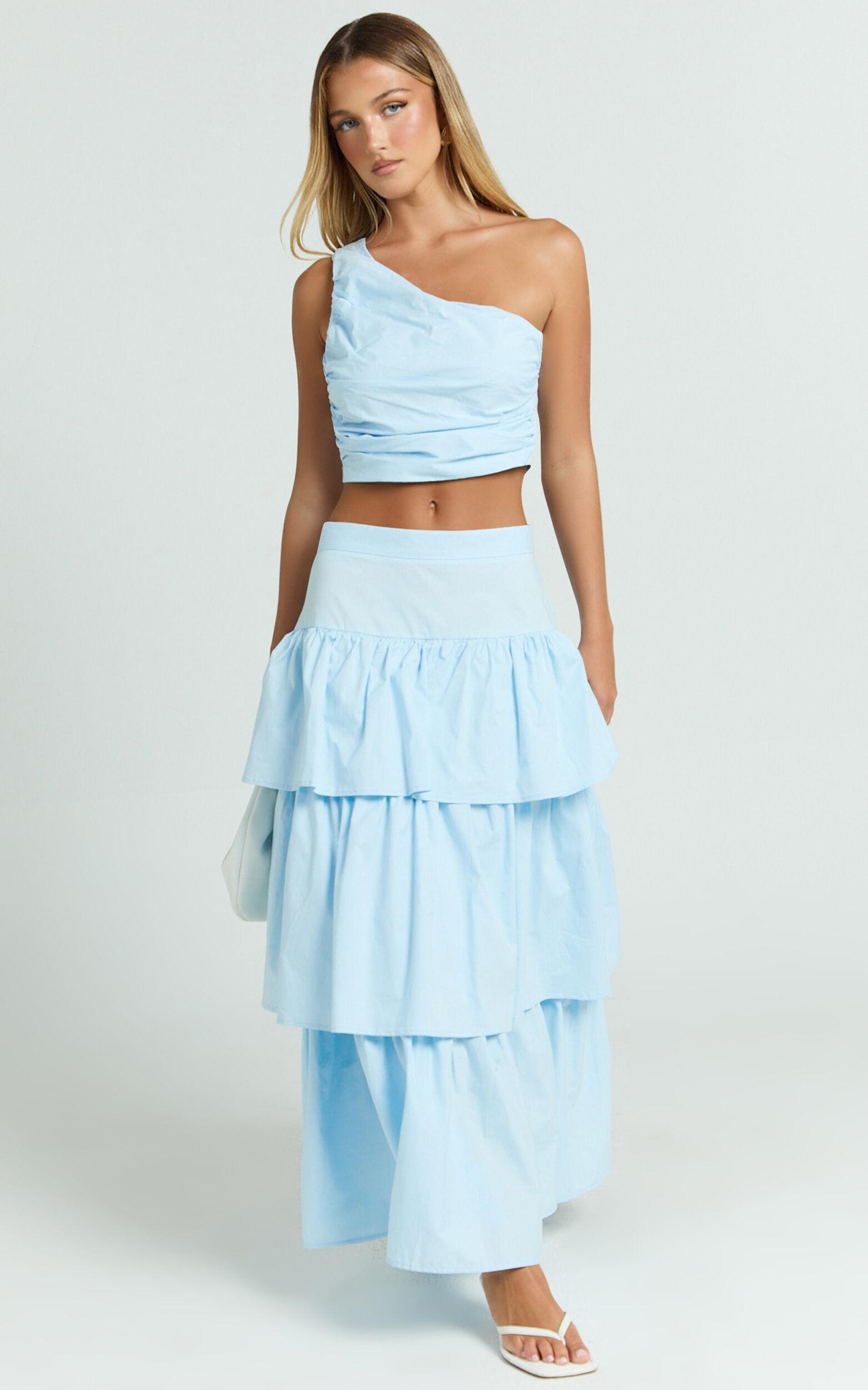 Kaycie Two Piece Set - One Shoulder Asymmetrical Ruched Top and Tiered Midi Skirt Set in Pale Blue Product Image
