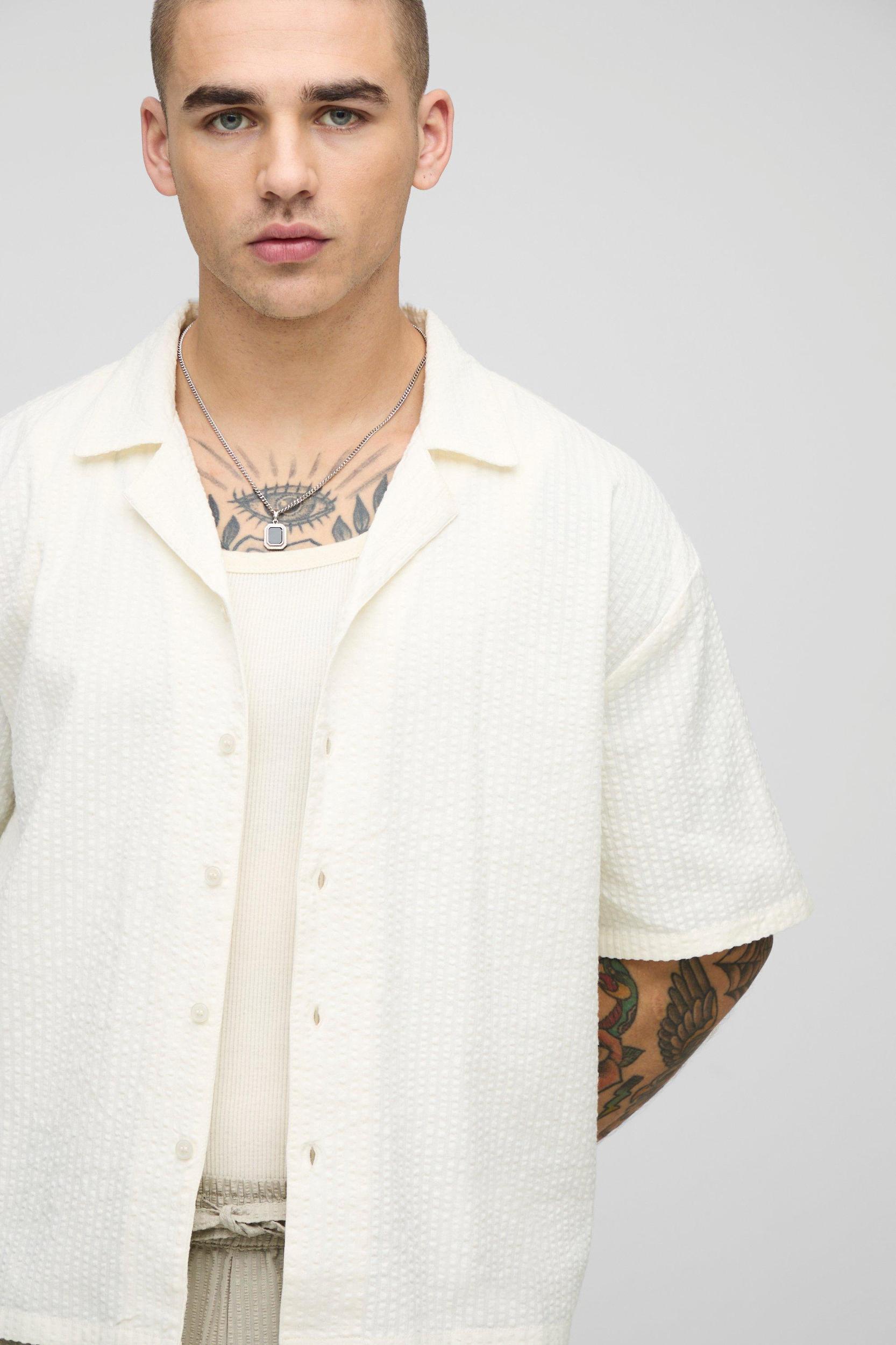 Boxy Revere Seersucker Shirt | boohooMAN USA Product Image