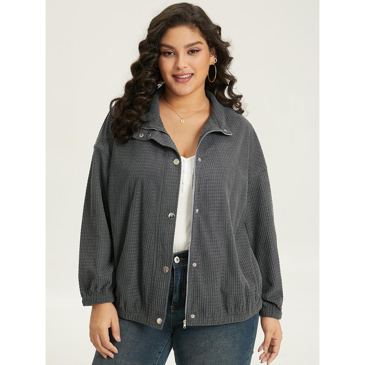 Plus Size Solid Texture Button Through Pocket Shacket Women Gray Elastic cuffs Pocket Everyday Jackets BloomChic 26/4X Product Image