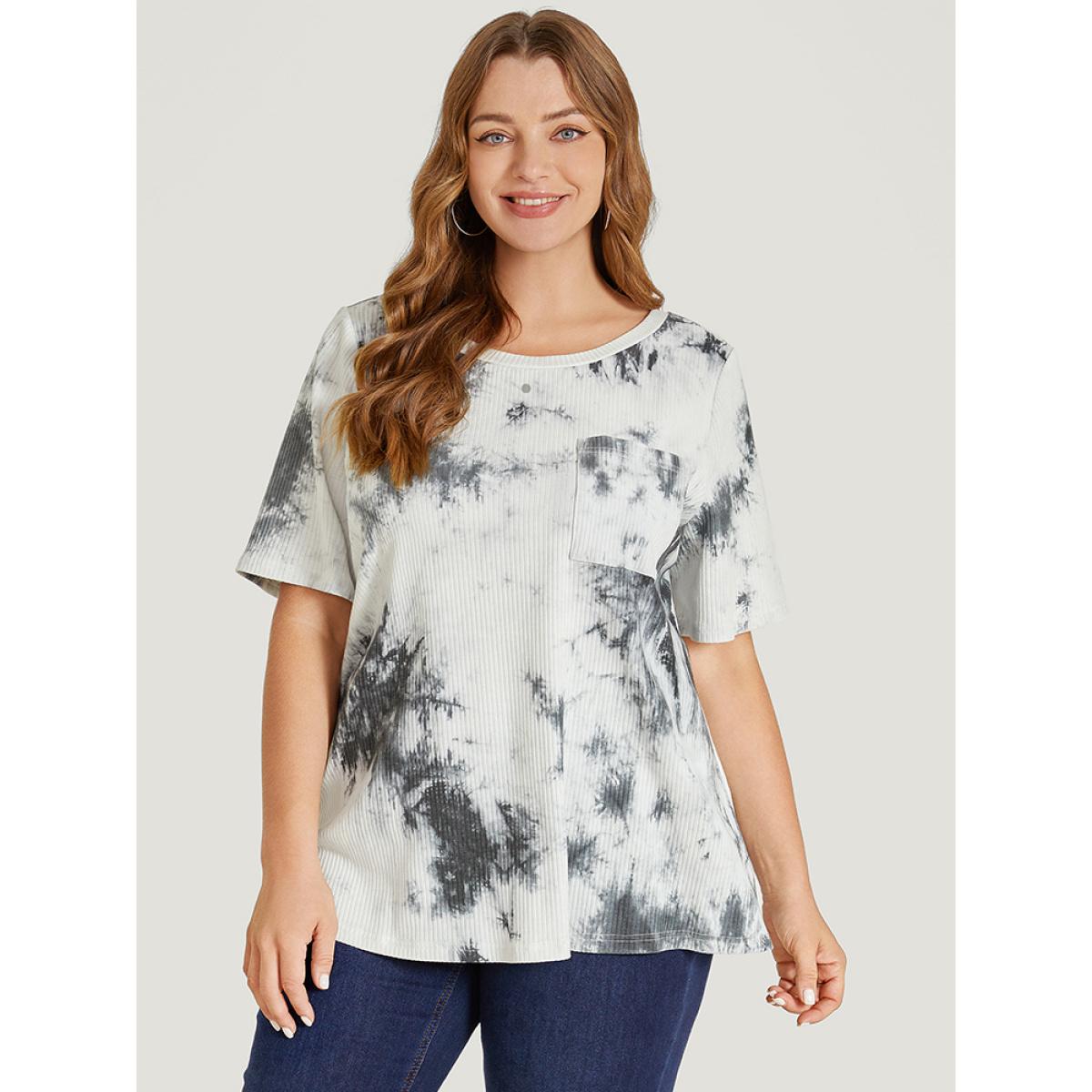 Plus Size Tie Dye Pocket Rib Knit T-shirt Gray Women Casual Tie Dye Round Neck Dailywear T-shirts BloomChic 18-20/2X Product Image