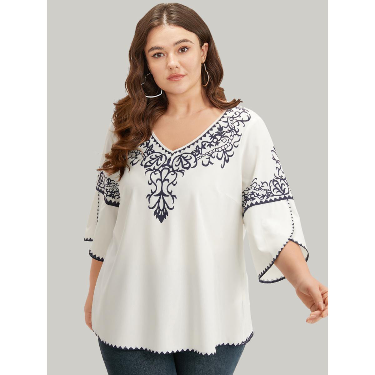 Plus Size WhiteSmoke Boho Print V Neck Petal Sleeve Blouse Women Vacation Elbow-length sleeve V-neck Dailywear Blouses BloomChic 18-20/2X Product Image