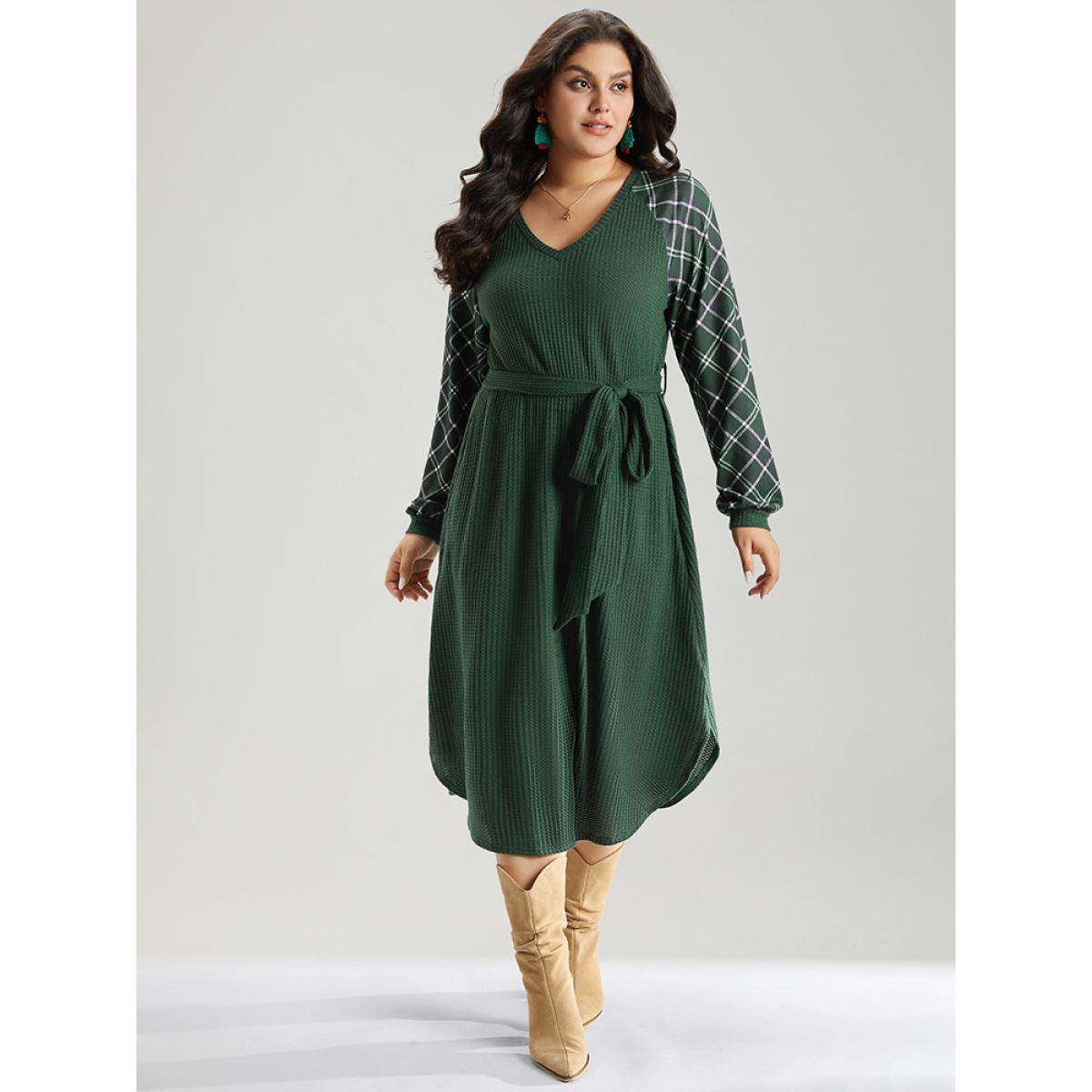 Plus Size Waffle Knit Plaid Patchwork Belted Dress DarkGreen Women Elegant Belted V-neck Long Sleeve Curvy Midi Dress BloomChic 10/M Product Image