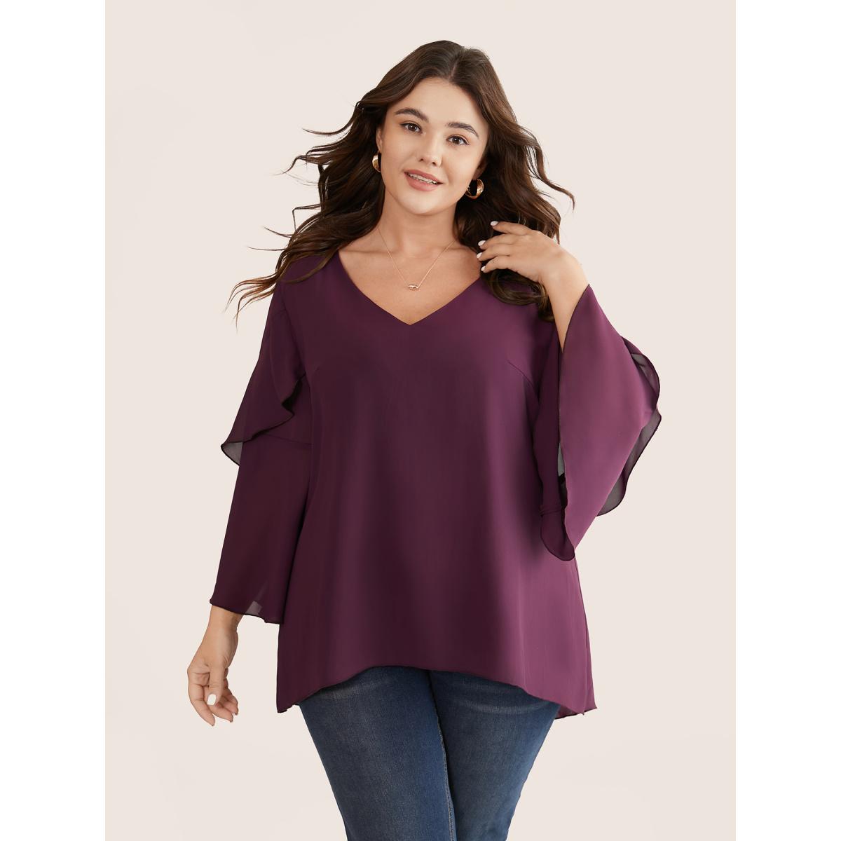 Plus Size Purple Anti-Wrinkle Tiered Flounce Sleeve Chiffon Blouse Women Elegant Elbow-length sleeve V-neck Everyday Blouses BloomChic 10/M Product Image