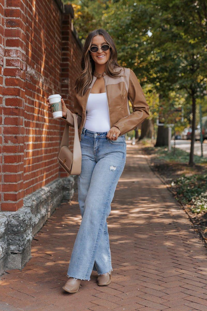 Brown Two Tone Faux Leather Jacket - FINAL SALE Product Image