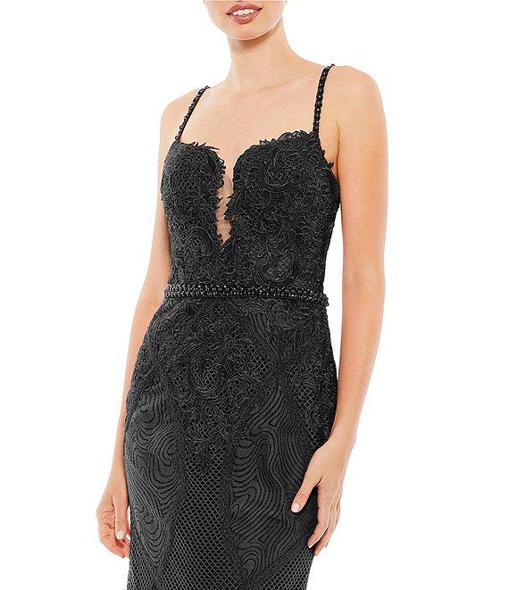 Mac Duggal Deep Split V-Neck Embroidered Mixed Media Trumpet Gown Product Image