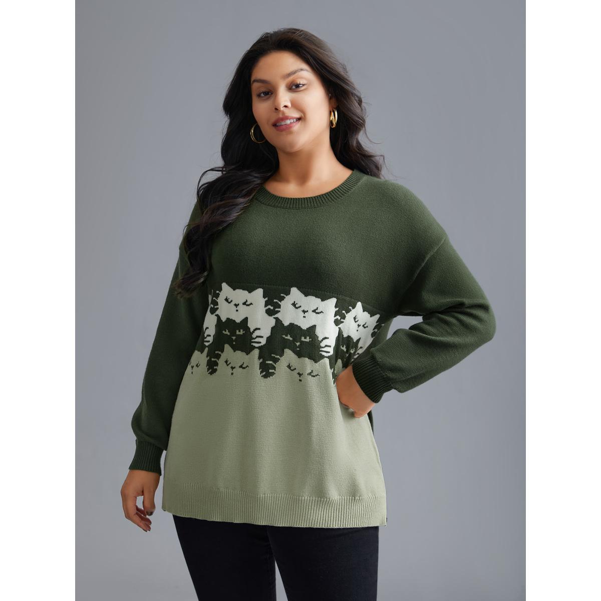 Plus Size Cat Contrast Drop Shoulder Pullover ArmyGreen Women Playful Loose Long Sleeve Round Neck Casual Pullovers BloomChic 12/L Product Image