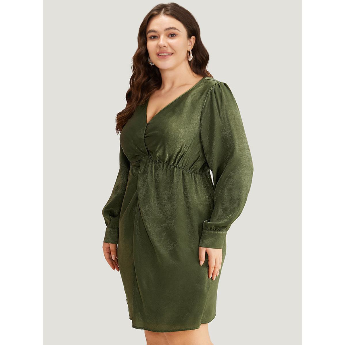 Plus Size Solid Wrap Twist Front Elastic Waist Dress ArmyGreen Women Office Plain V-neck Half Sleeve Curvy Knee Dress BloomChic 14-16/1X Product Image