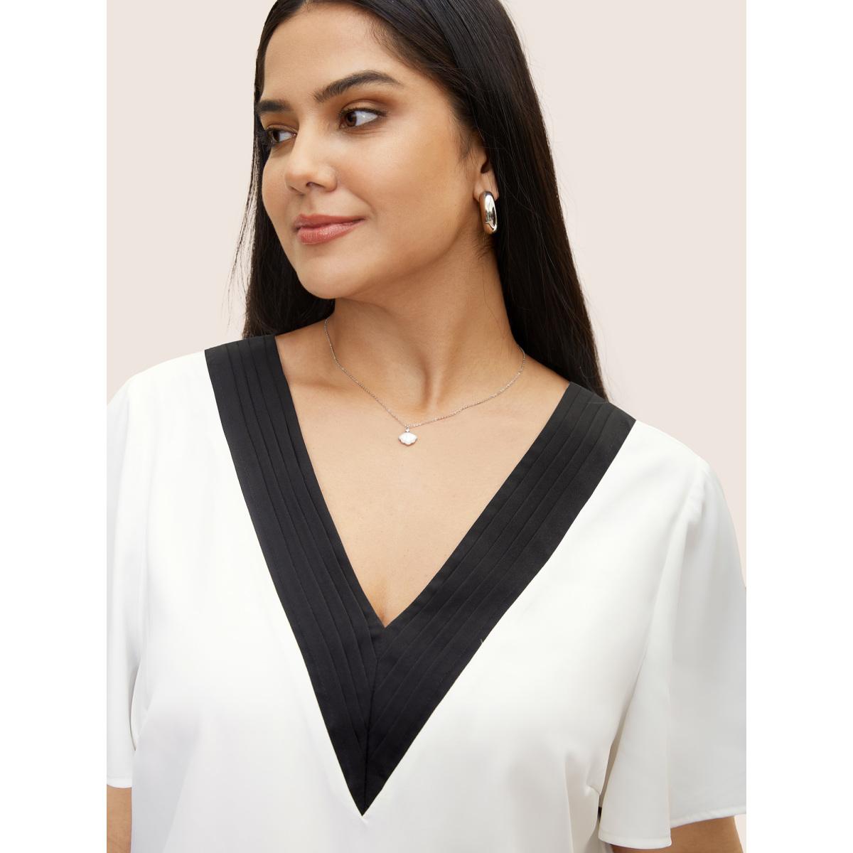 Plus Size WhiteSmoke Contrast Trim Pleated Flutter Sleeve Blouse Women At the Office Short sleeve V-neck Office Blouses BloomChic 10/M Product Image