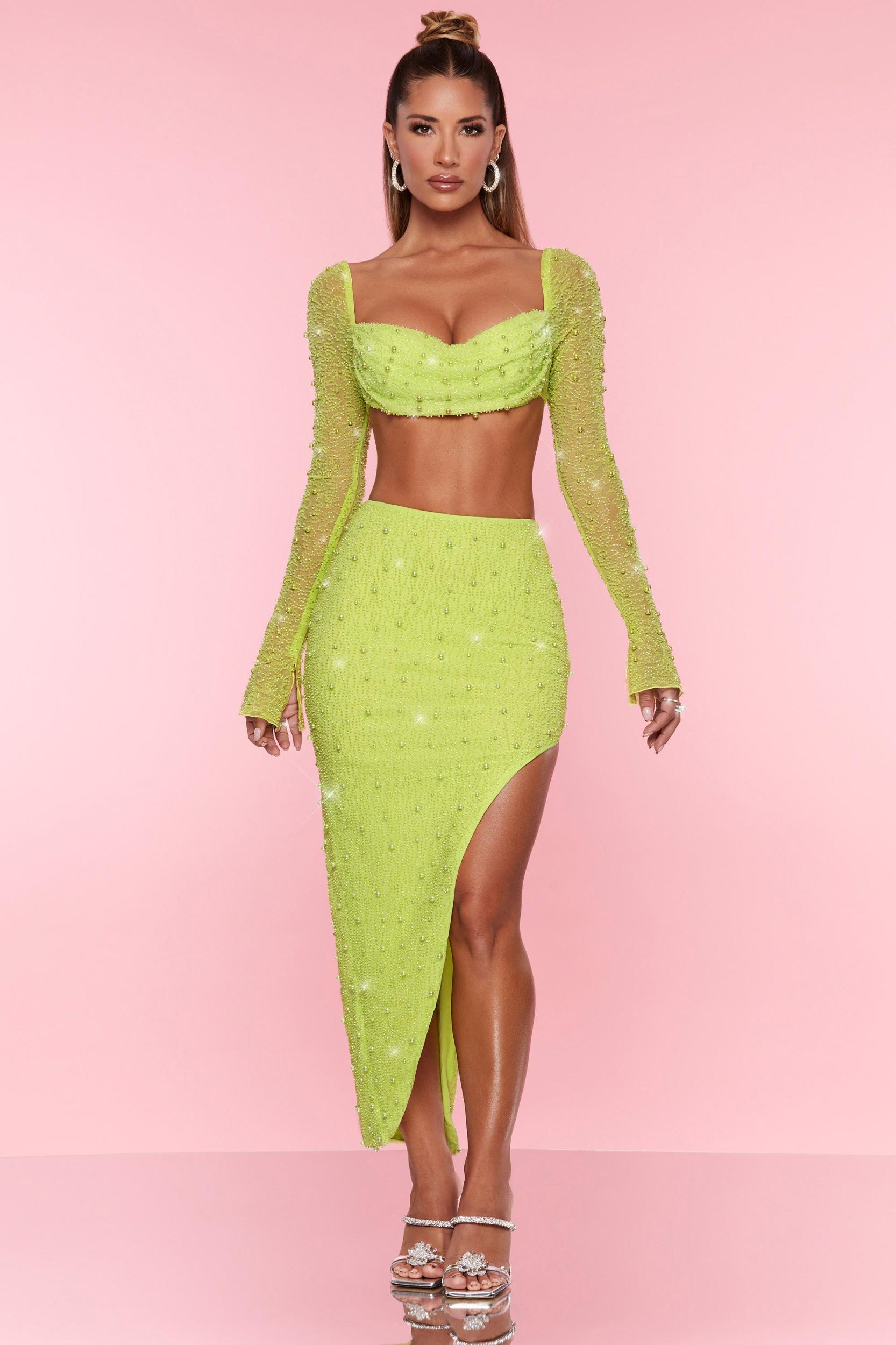 Embellished Cowl Neck Crop Top in Lime Product Image