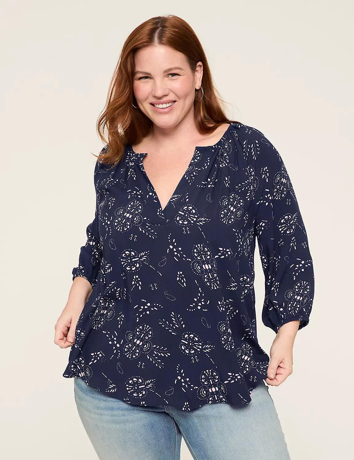 Swing 3/4-Sleeve Split-Neck Popover Blouse Product Image