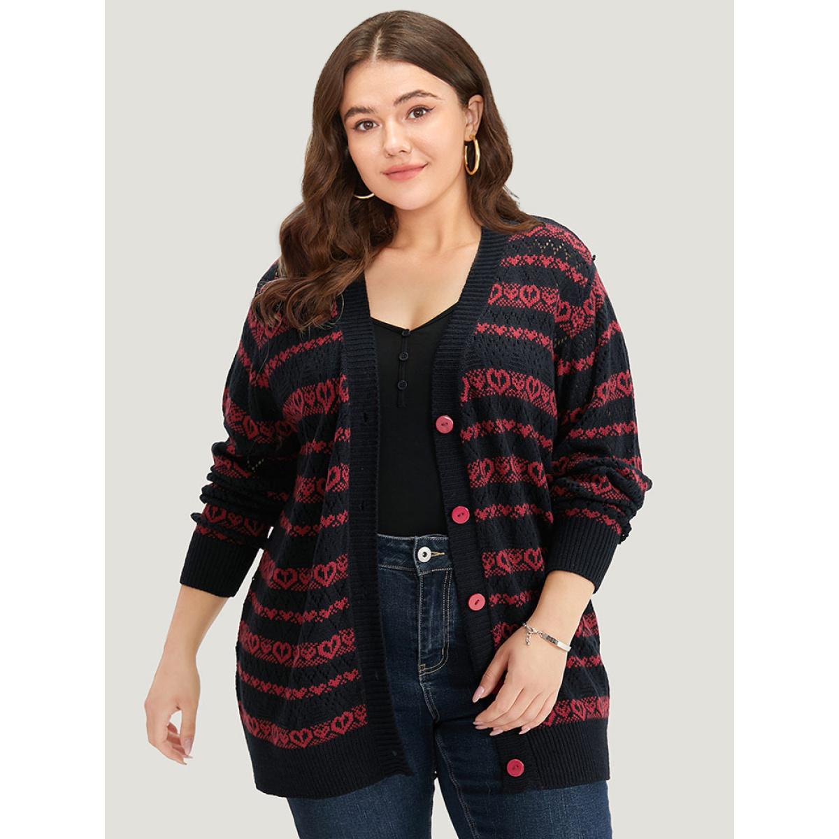 Plus Size Heart Graphic Button Through Eyelet Cardigan Scarlet Women Casual Loose Long Sleeve Dailywear Cardigans BloomChic 22-24/3X Product Image