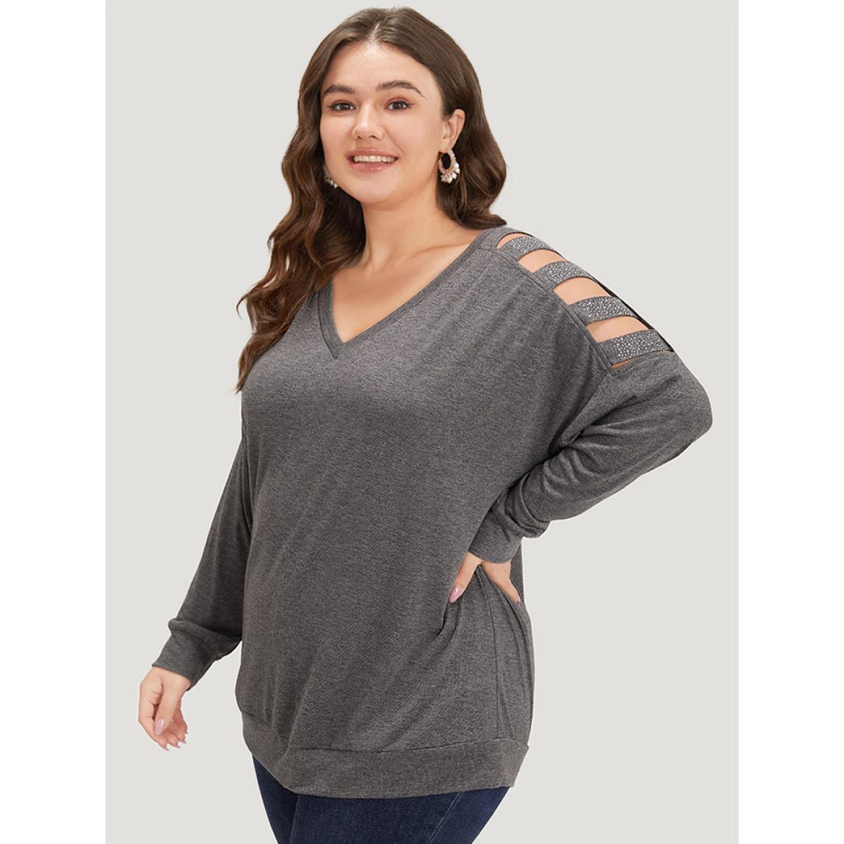 Plus Size Rhinestone Detail Hollow Out V Neck Long Sleeve T-shirt DimGray Women Casual Cut-Out Plain V-neck Dailywear T-shirts BloomChic 14-16/1X Product Image