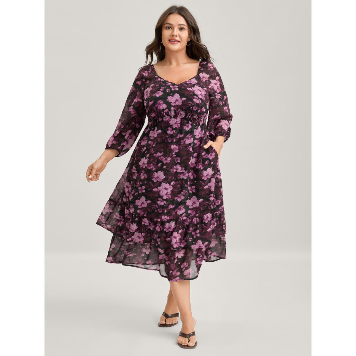 Plus Size Large Floral Print Shirred Waist Midi Dress Deeppurplered Women Romantic Shirred Heart neckline Elbow-length sleeve Curvy BloomChic 10/M Product Image