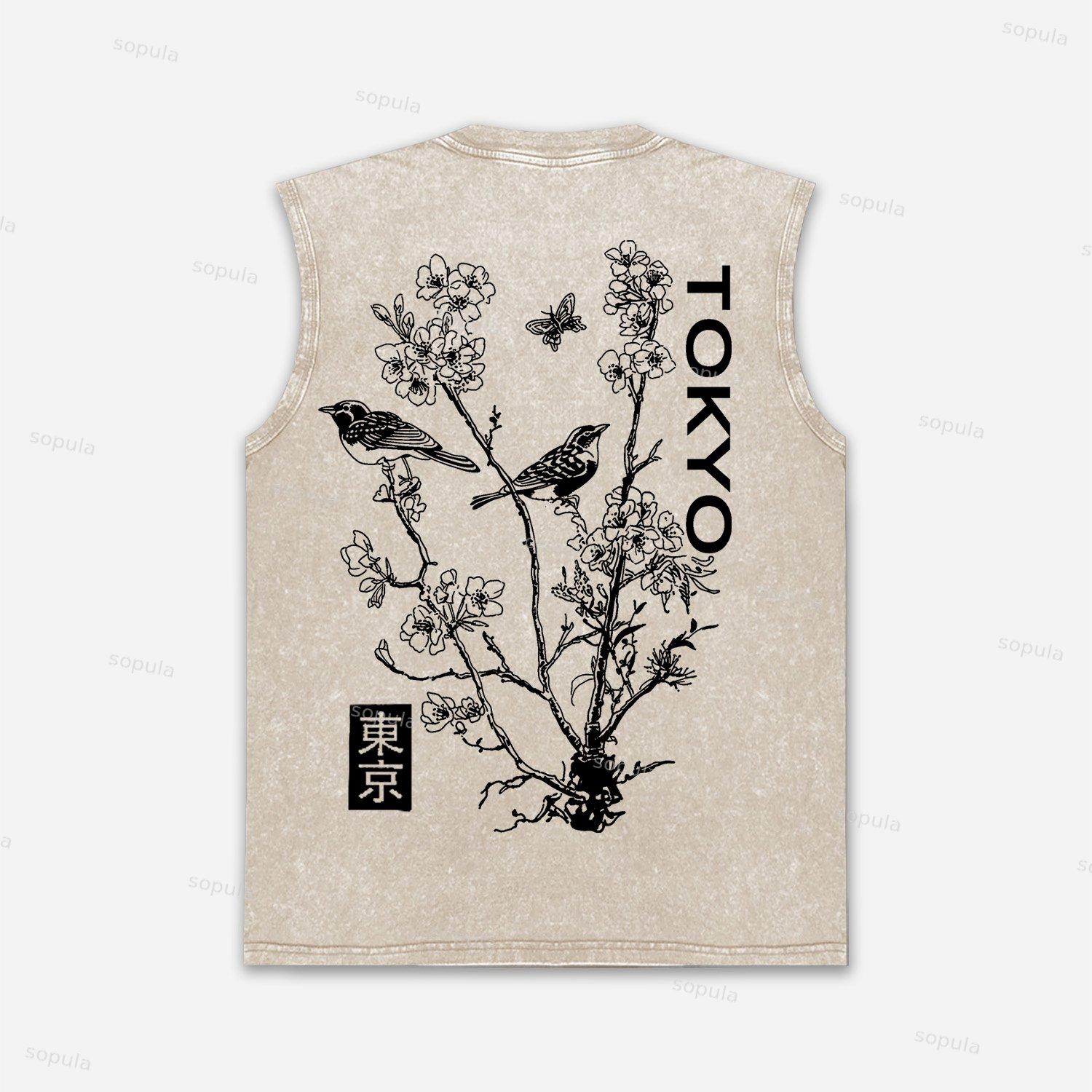 Japan Style Insect Bird Floral Print Acid Washed Tank Top Product Image