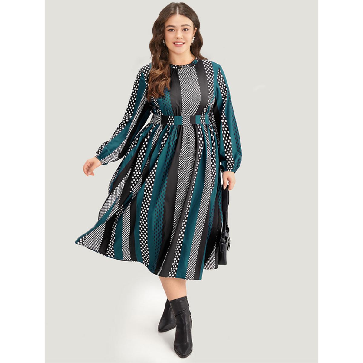 Plus Size Polka Dot Patchwork Striped Pleated Lantern Sleeve Dress Aegean Women At the Office Elastic cuffs Round Neck Long Sleeve Curvy Midi Dress BloomChic 26/4X Product Image