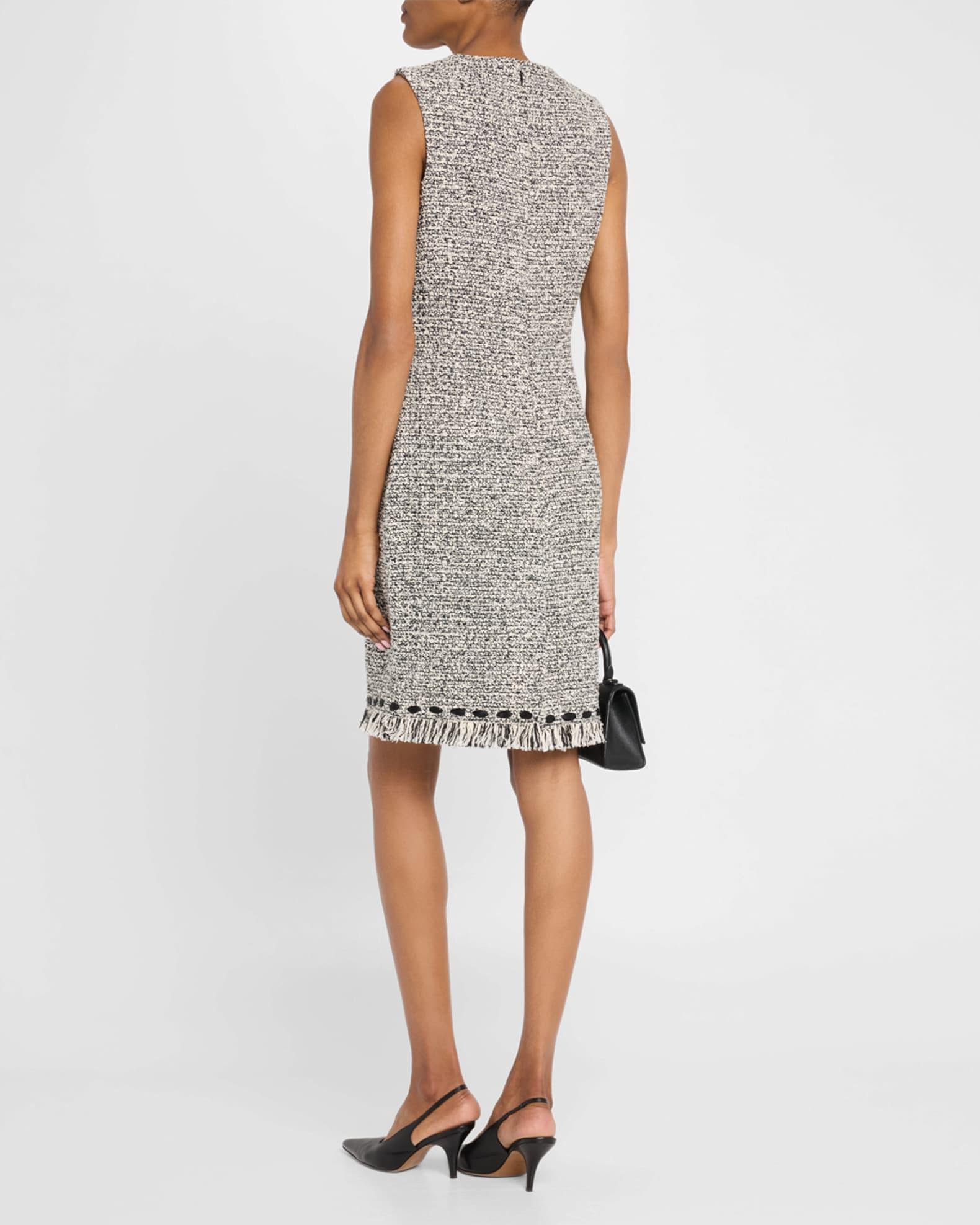 Ribbon-Trim Fringed Tweed Dress Product Image