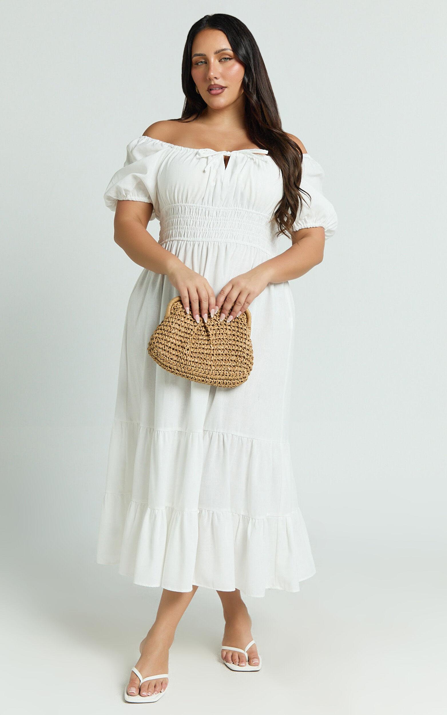 Claritza Midi Dress - Linen Look Short Puff Sleeve Square Neck Tiered Dress in White Product Image