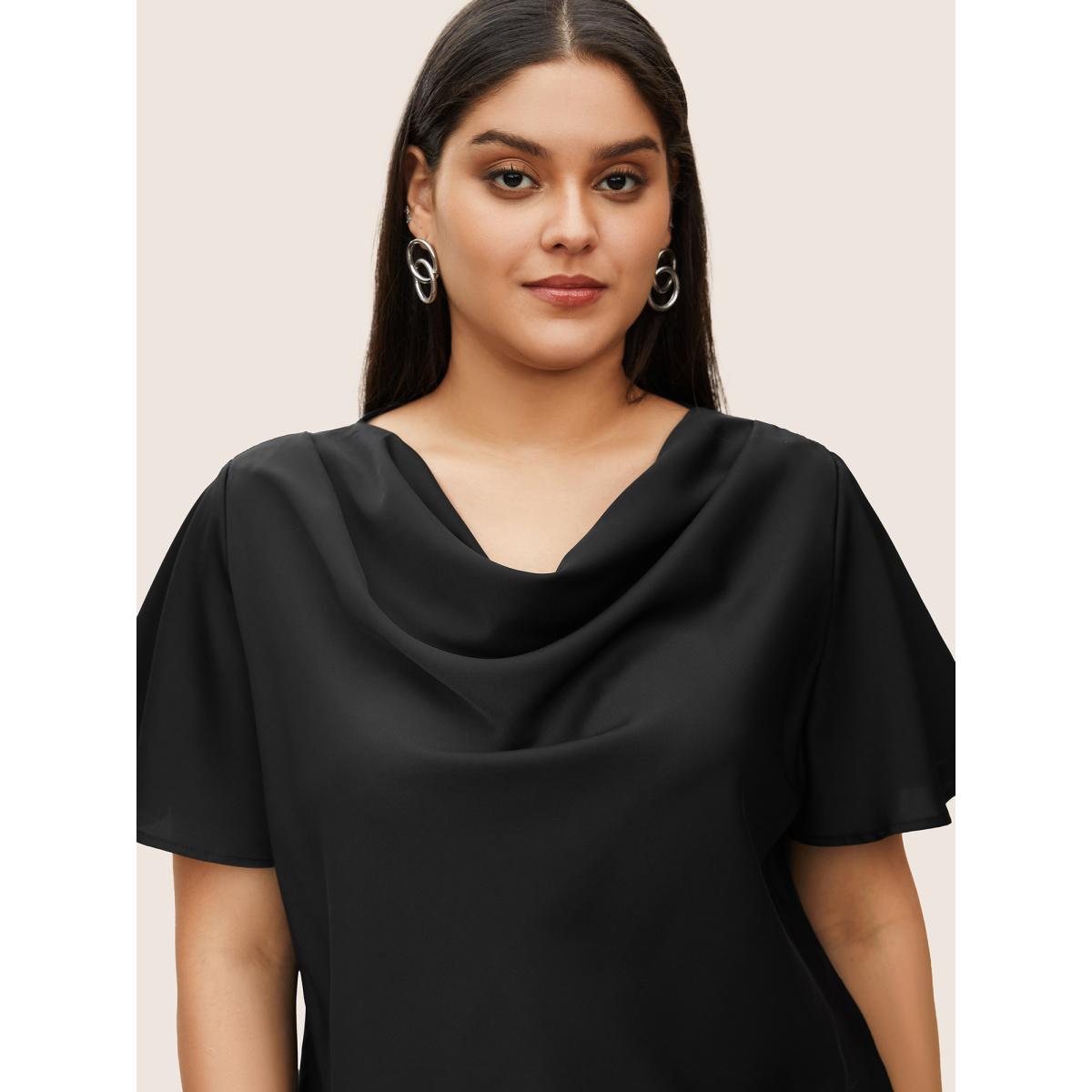 Plus Size Black Plain Cowl Neck Ruffle Sleeve Blouse Women Work From Home Short sleeve Cowl Neck Work Blouses BloomChic 28/5X Product Image