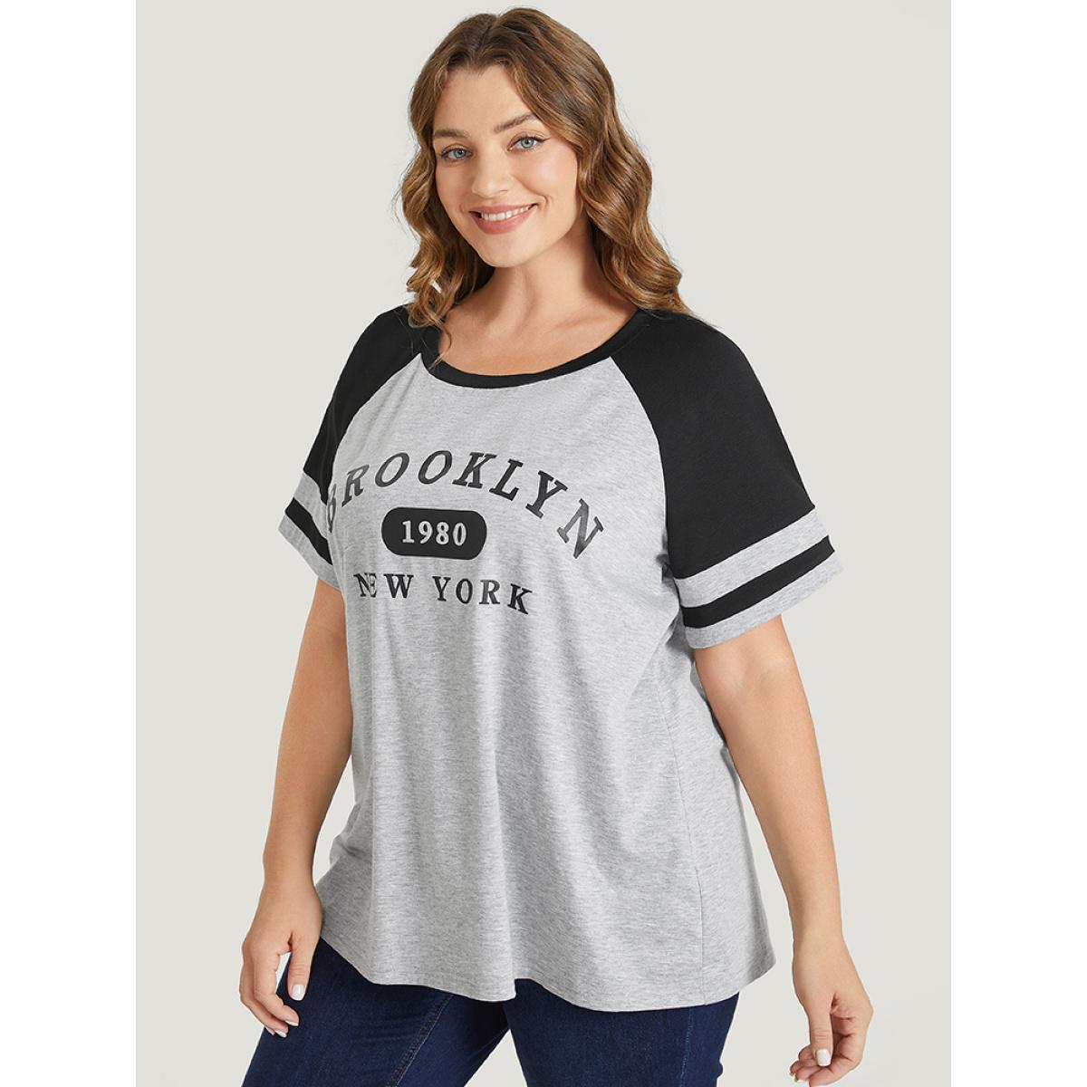 Plus Size Letter Print Contrast Raglan Sleeve Graphic Tee LightGray Women Casual Striped Dailywear T-shirts BloomChic 28/5X Product Image
