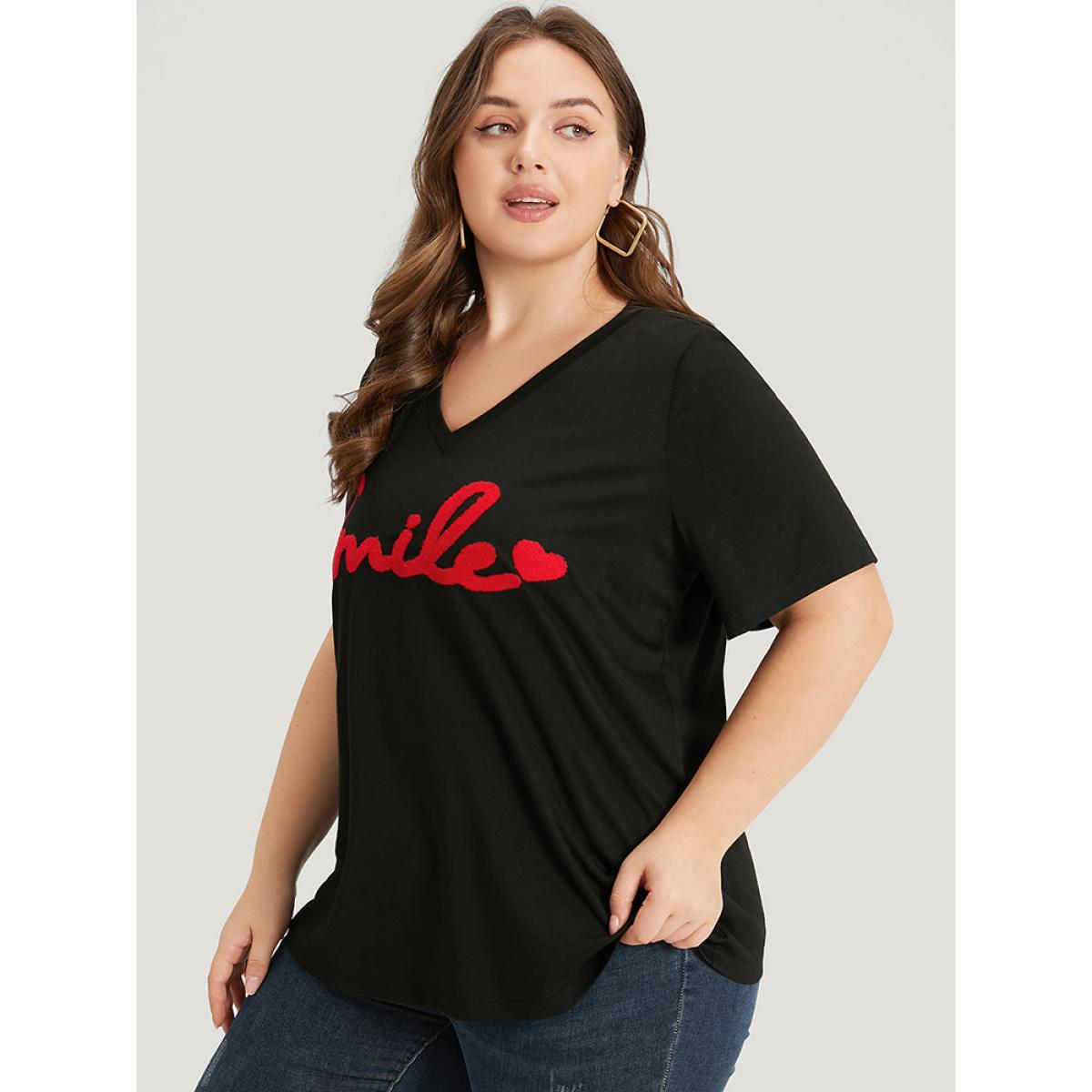 Plus Size Letter Embroidered V Neck T-shirt Black Women Casual Embroidered Letter Dailywear T-shirts BloomChic 14-16/1X Product Image