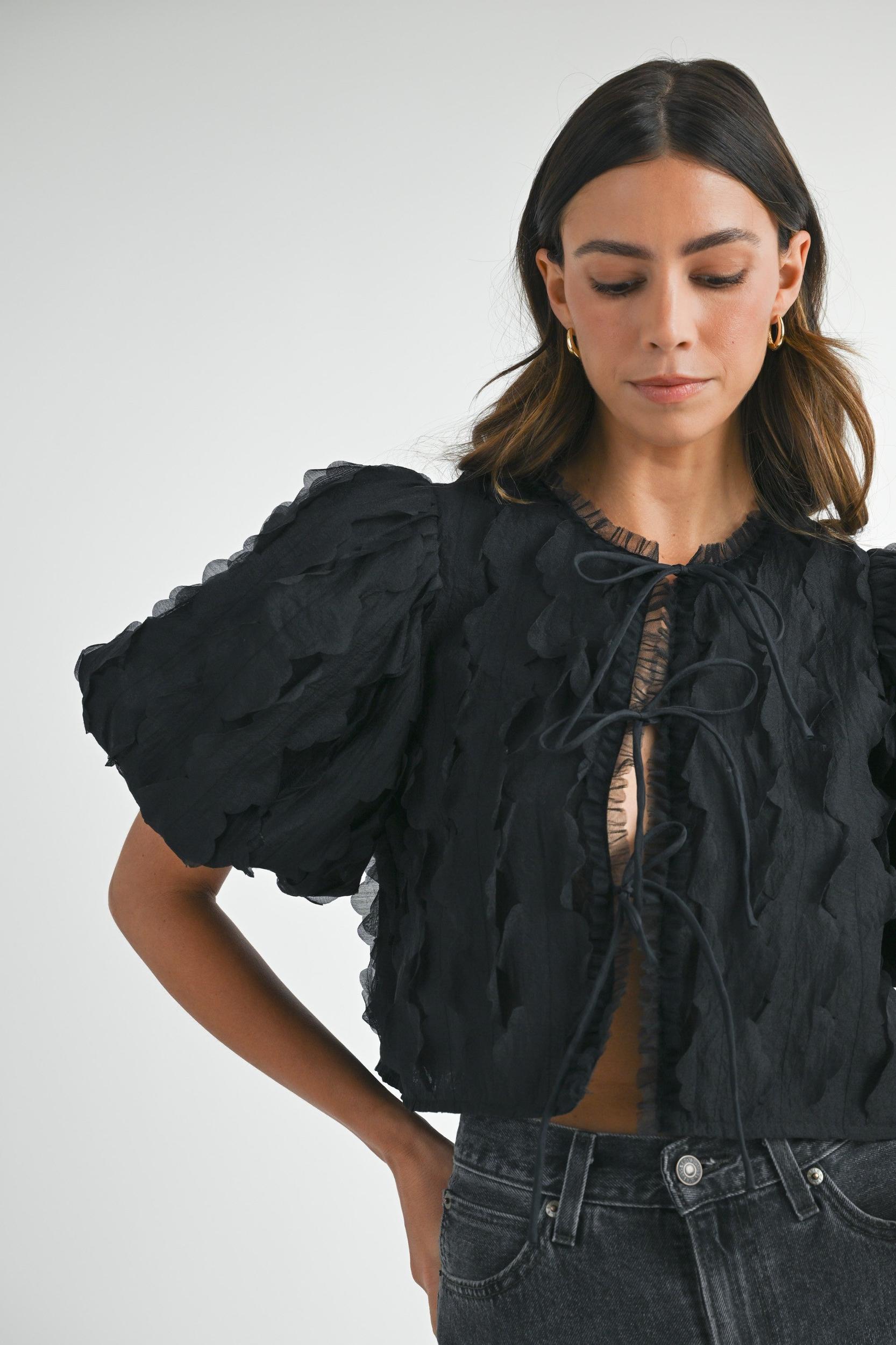 Textured Scallop Puff Sleeve Blouse Top Product Image